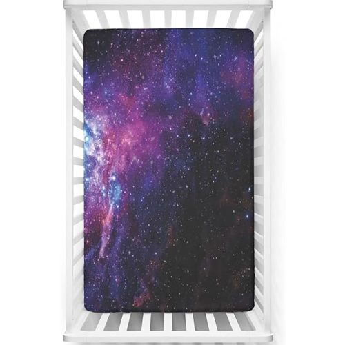 Galaxy Themed Fitted Crib Sheet,Standard Crib Mattress Fitted Sheet Toddler Bed Mattress Sheets -Great for Boy or Girl Room or Nursery,28 x 52 Inch,Purple Black Blue