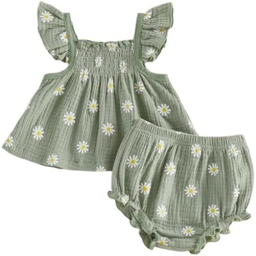 Mubineo Baby Girl Summer Clothes Cute Basic Plain Cotton Linen Ruffle Tops Dress Shorts Outfits Set Shirt Princess Outfit
