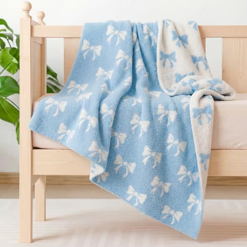 SmoothNovelty Blue Bow Baby Throw Blanket Cute Dual Side Microfiber Newborn Boy Swaddle Blanket 30 x 40 Inch Coquette Plush Preppy Nursery for Bed Sofa Receiving Newborn Baby Girl Boy Toddler Gift