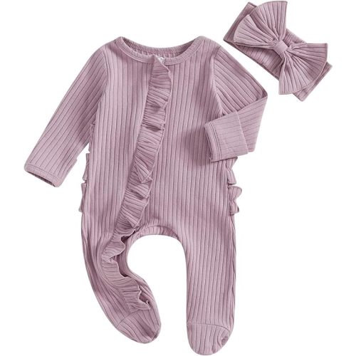 Newborn Baby Girl Fall Winter Outfits Clothes Knit Jumpsuit Ruffle Romper Newborn Coming Home Outfit for Baby Girl