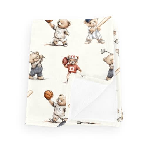 Cute Sport Bears Golf Baseball Basketball Baby Boy Girl Blankets Sports Lover Gift White Flannel Fluffy Blanket for Baby Breathable Toddler Blanket for Crib Stroller Bed Travel White 30x40inch