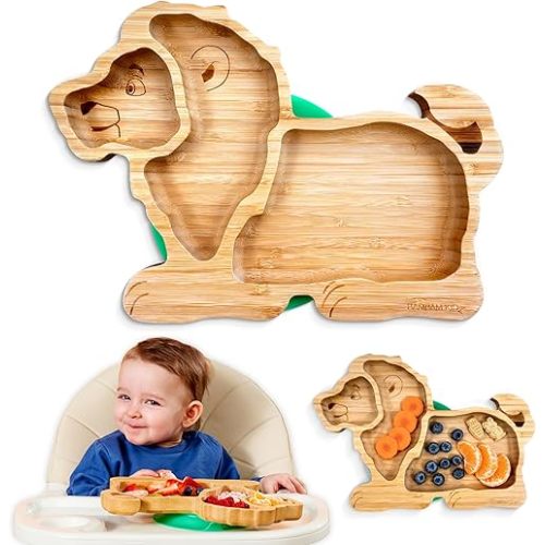 Bamboo Divided Suction Plates for Baby - Strong Suction Plates for Toddlers - Non-toxic All Natural Eco Friendly Materials - Lion