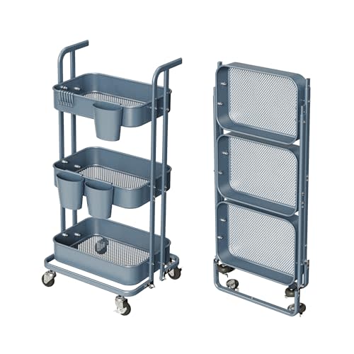 Merapi 3 Tier Foldable Rolling Cart, Metal Utility Cart with Wheels, 3 Hanging Cups and 6 Hooks, Folding Trolley for Living Room, Kitchen, Bathroom, Bedroom and Office, Blue