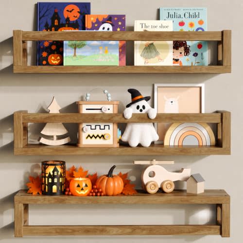 3Pack Nursery Book Shelves, Solid Wood Floatingshelf for Wall, Walnut Brown | Durable Wall Mounted Shelves, Spacious Display Space for Books, Photos, Bedroom, Living Room and Spice Rack & Decor