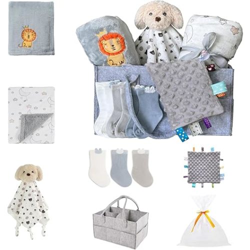 CREVENT Gift Set for Newborns -Diaper Caddy Organizer Basket with 2 Blankets, 1 Taggie, 1 Lovey, 3 Socks,1 Gift Bag with Ribbon - Welcome Essential Baby Shower (Neutral