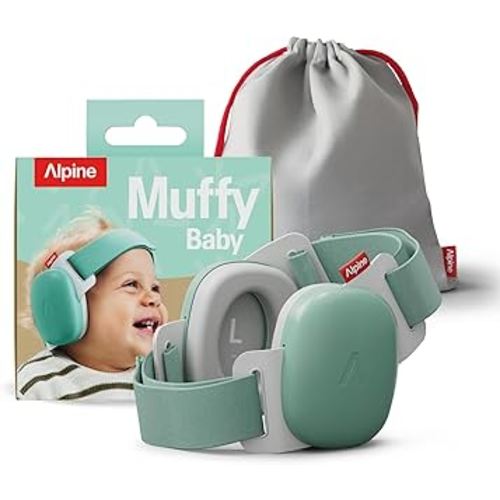 Alpine Muffy Baby Comfort - Protects Hearing for Babies and Toddlers - CE & ANSI Certified - Unique Headband for Safe fit & Comfort - Multi-adjustable for Ages 3-48 Months, 24dB Sound Reduction, Green