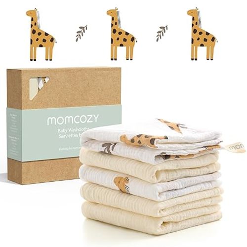 Momcozy Baby Washcloths - 4 Layer Design| Medium Thickness| Soft & Absorbent| Premium Cotton for Newborns'Skin-Great for Bathing, Wiping & on-The-go Use, Shower Gift and Essential(5 Pack, 10x10 inch)