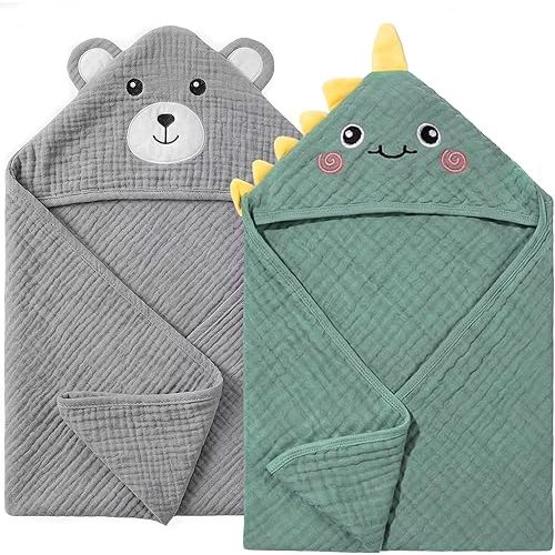 4 PCS Muslin Baby Bath Towels Set, 100% Cotton 2 PCS Animal Hooded Baby Towels 32x32 Inch & 2 PCS Washcloths, Ultra Absorbent & Soft Infant Newborn Essentials Gifts for Boys & Girls, Dinosaur & Bear