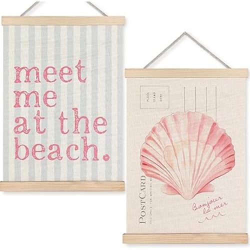URLLUAE Meet Me at the Beach Wall Decor, Preppy Pink Seashell Coastal Wall Art With Wooden Poster Hanger, Aesthetic Beachy Canvas Prints Posters for Girls Room Dorm Apartment, 12x16 Inch Set of 2