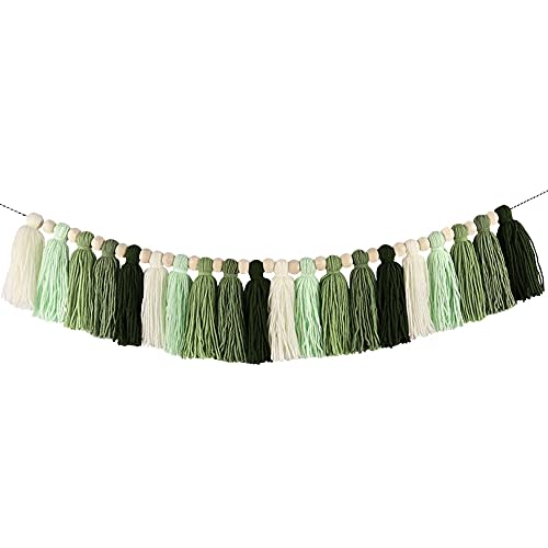 DrCor 15ft Sage Green Gradient Tassel Garland – Handmade Yarn Bunting Banner for Nursery, Kids Room, Baby Shower, Birthday Party Backdrop, Dorm Wall Hanging or Cozy Home Decor
