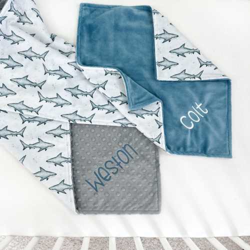 LAST CHANCE - Personalized Shark Minky Baby Blanket: Nautical Nursery Decor