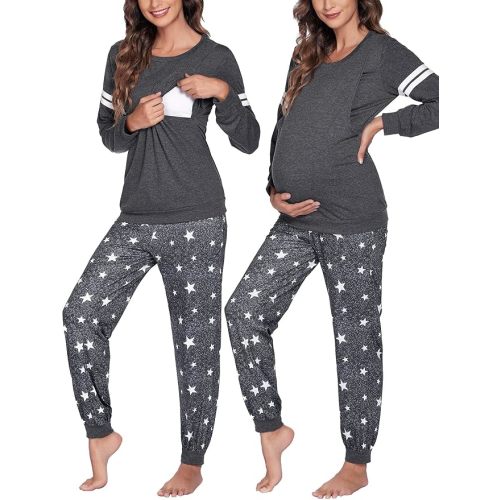 Ekouaer Maternity Pajama Set Nursing Pjs Women Breastfeeding Pregnancy Postpartum Clothes Long Sleeve Top & Pant with Pockets