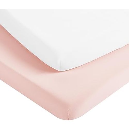 TILLYOU Mini Crib Fitted Sheets - Soft Knit Sheet for Pack N Play, Microfiber Mini Crib Sheets, Playpen Bedding Sheet for Baby 2 Pack, Machine Washable, White & Peachy Pink