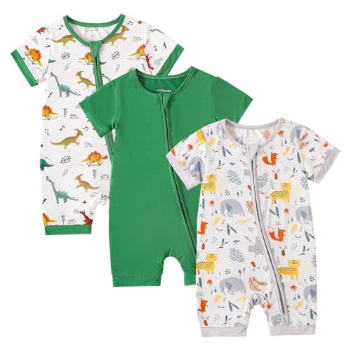 OPAWO Bamboo Baby Pajamas 3 Pack, Double Zipper Bamboo Sleepers for Baby Boy Girl Romper, Toddler Summer Clothes Outfit 0-24M