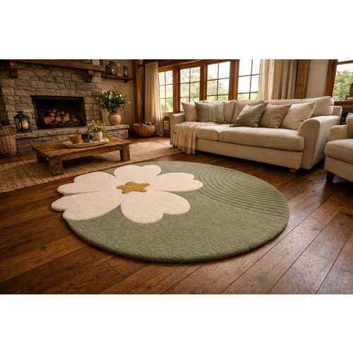 Sage Flower Circle-Round Rug– Hand-Tufted Cozy Wool Rug for Rustic Bedroom- Rust, Green, Pink