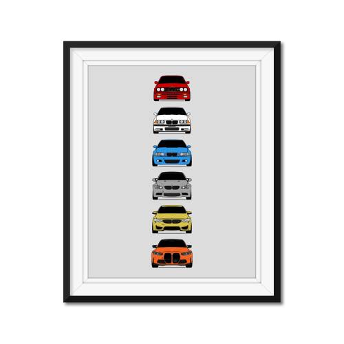 BMW M3 Inspired Car Poster Print Wall Art History and Evolution M3 Generations BMW Car Models: E30, E36, E46, E92, F80, G80 AX1 (Unframed)