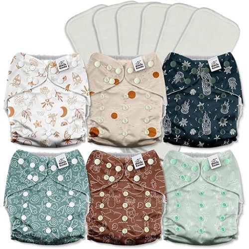 Mama Koala 3.0 Cloth Diapers for Babies with AWJ Lining, 6 Pack with 6 5-Layer Natural Cloth Diaper Inserts - Reusable and Washable Pocket Diapers(A-Seashore)