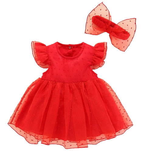 Ulitacool Girls Spring Summer Solid Color Sleeveless Birthday Party Romper Dress Headbands Clothes Red Adorable Outfits