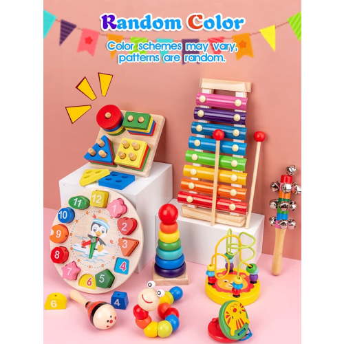 LESROLL Wooden Montessori Learning Toy Set, 9-Piece for Ages 3+