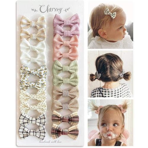 Baby Girls Hair Bow Clips, 20pcs Boutique Cotton Fully Lined Hair Pins, Non Slip Baby Barrettes Accessories for Infants Toddlers Fine Hair by Cherssy