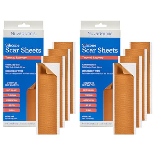 NUVADERMIS Silicone Scar Sheets - Extra Long Scar Sheets for C-Section, Tummy Tuck, Keloid, and Surgical Scars - Reusable Medical Grade Silicone Scar Sheets - 2 Packs of 4 - Medium Tone