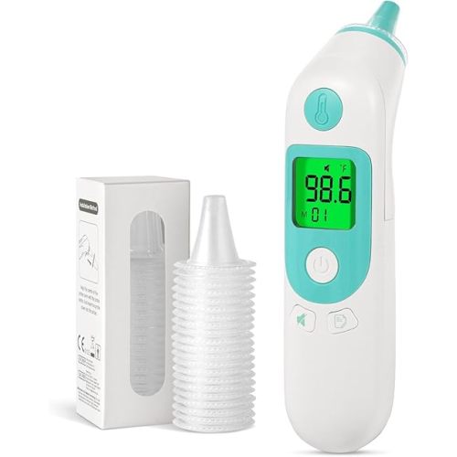 Thermometer for Adults and Kids, Accurate Baby Ear Thermometer with 3-Color Fever Indicator 40-Reading Memory F/°C Switch Mute Mode with Carrying Bag (White)
