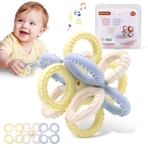 Yaozyety Baby Teething Toys 3 in 1 Silicone Teethers - BPA Free Food Grade Silicone Teething Ring Rattle Toys for Babies 3-6 Months 6-12 Months, Soft & Easy Hold, Baby Chew Toy for Toddlers (Yellow)