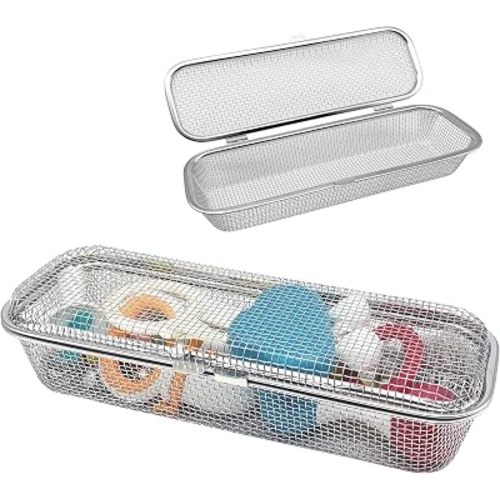 12.5 Inches 304 Stainless Steel Dishwasher Basket | Large Mesh Utensil Baskets Prevents Small Items Falling, Anti-Pinch Lock, for Baking Tools, Baby Bottles, Chopsticks