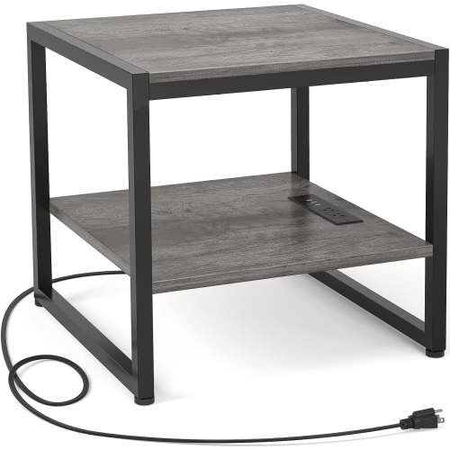 iSunirm Mini Refrigerator Stand with Charging Station, 2-Tier Portable Fridge Table with Storage for Dining, Kitchen, Living Room, Gray Oak