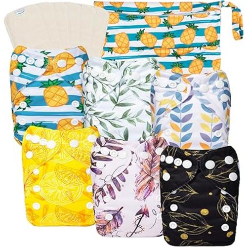 babygoal Newborn Cloth Diapers Pack of 13 for 5-12lbs Preemie Boy, Cloth Diaper Covers 6 Pack with 6pcs Inserts and Wet Bag, Reusable Washable & Waterproof