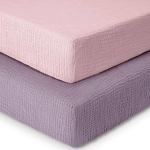 Dreamology Muslin Crib Sheet, for Baby Girls,Boys,2 Pack, Soft, Standard Crib Sheet,100% Cotton Crib Sheets for Standard Cribs, Toddler Bed Sheets, 52x28 Crib Sheets | Purple,Pink
