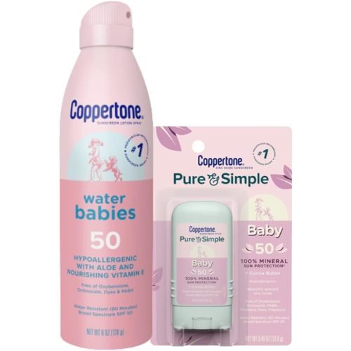 Coppertone WaterBabies Baby Sunscreen Spray SPF 50 (6 Oz) + Pure and Simple Baby Mineral Sunscreen Stick SPF 50 with Zinc Oxide, Tear Free (0.49 Oz) Hypoallergenic and Oxybenzone Free