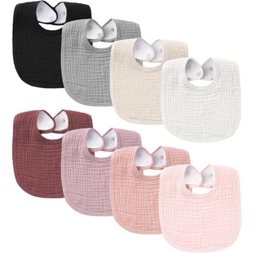 Konssy 8-Pack Muslin Baby Bibs, Adjustable Fit for Drooling and Teething | Soft Absorbent, Drool Bibs for Baby Boys Girls, Cotton Front with Fleece Backing, Newborn to Toddler 0-36M