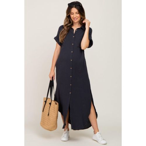 Pinkblush Charcoal Button Down Maternity Midi Dress Medium