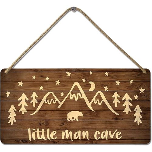 Little Man Cave Sign Woodland Nursery Wall Decor for Baby Boys Rustic Bear Forest Animal Wood Signs, Nursery Room Decor for Boys Bedroom Farmhouse Sign Wooden Wall Art 12x6 Inch