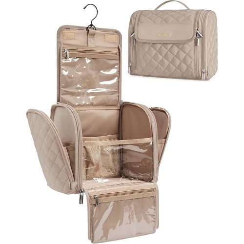 BAGSMART Makeup Bag for Women with Hanging Hook, Large Portable Capacity Water-resistant Organizer Travel Case for Toiletries and Cosmetics, Brown