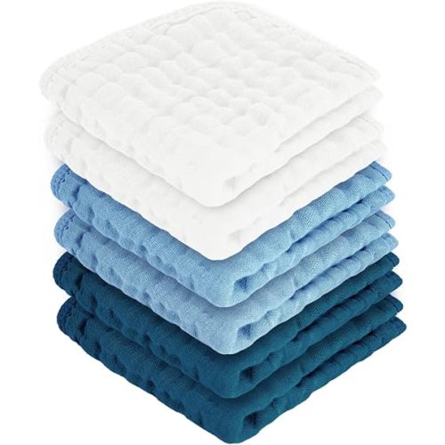 Baby Washcloths 100% Cotton Size is 12x12 inches. Lightweight, Portable, and Ideal for use at Home or on The go. (White & Blue 6 Pieces)