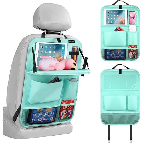 LUCMO Car Backseat Organizer with Tablet Holder,6 Storage Pockets Car Storage Organizer with Foldable Food Tray,Car Seat Back Protectors Kick Mats Travel Accessories-Light Blue