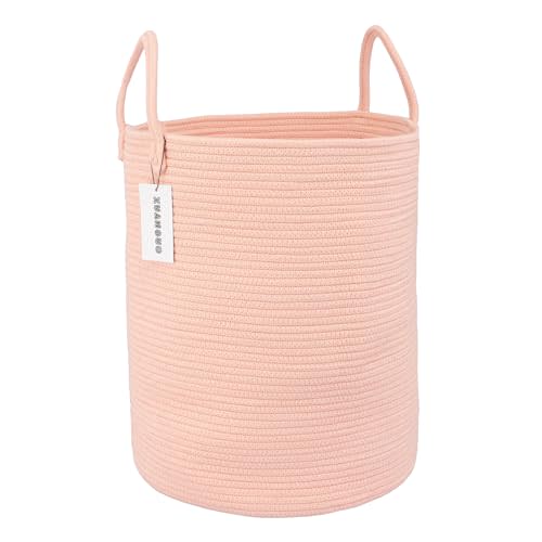 XUANGUO Cotton Rope Laundry Basket Hamper for Clothes, coral pink | Woven Storage Basket for Living Room Bedroom Boho Tall Rope Baskets for Blanket Toys Pillow Towels Baby Nursery Hamper Bin