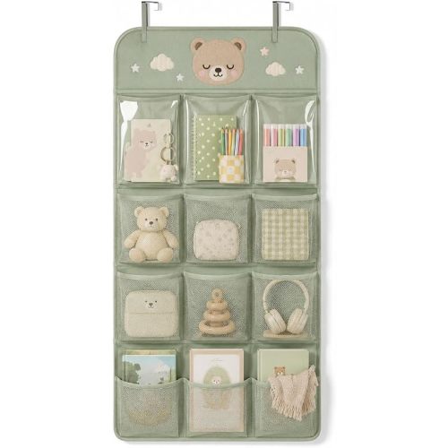 Juju Over Door Hanging Organizer - Sage Pocket Storage with Clear Mesh Pockets and Bear Header Panel