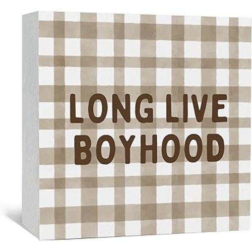 Long Live Boyhood Wooden Box Signs, Boys Room Decor, Neutral Plaid Long Live Boyhood Wood Sign Home Decor for Kids Boy Nursery Room Bedroom Playroom Desk Table Shelf 5x5 Inch