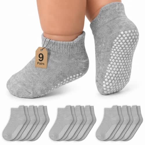 Infinno Baby Non Slip Ankle Socks 9 Pairs - Toddler Socks with Grips for Kids, Infants Boys and Girls 6-24 Months, 1T-7T