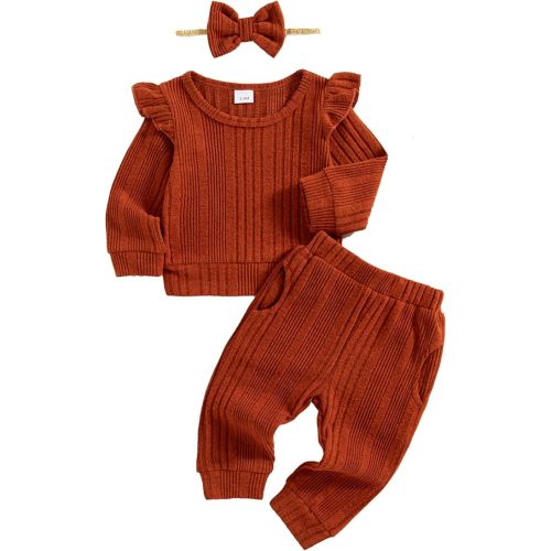 Mioglrie Baby Girl Clothes Fall Winter Outfits 3-6 Months Sweatsuit Newborn Sweatshirt Fleece Ruffle Long Sleeve Brown Pant Set Infant Girls Clothing