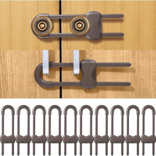 Jetec 10 Pieces Cabinet Locks for Babies, U-Shaped Proofing Drawers Safety Child Locks Adjustable, Easy to Use Childproof Latch for Knob Handle on Kitchen Door Storage Cupboard Closet (Brown)