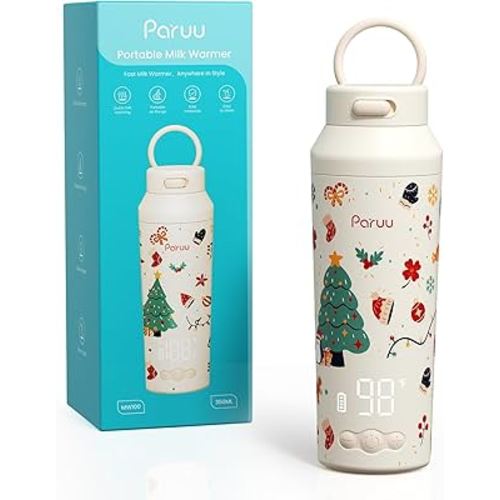 Paruu Portable Bottle Warmer for Travel, Easy-Clean Wide Mouth, Portable Milk Warmer with Fast Heating for Night Feeding, 7-Temp Control, Large 12oz Capacity, Christmas Limited Edition, Beige