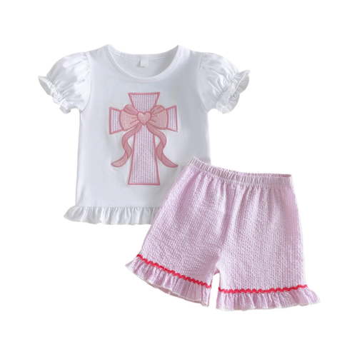 Lopeceal Toddler Girls 2 Piece Outfits Puff Sleeve Bow Embroidery Patchwork Ruffled Hem Crew Neck Top and Pleated Short 5M-3Y