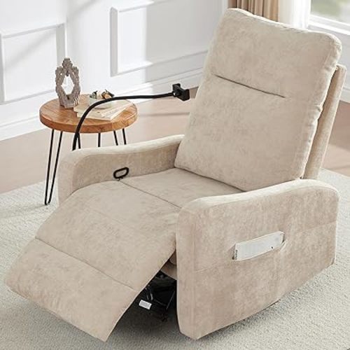 Oversized Recliner Chair, Swivel Rocking Chair Reclining with Phone Holder, Ergonomic Lazy Boy Fabric Sofa Chair with Lumbar Support, Manual Glider Chair for Living Room, RV, Beige