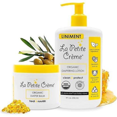 La Petite Creme French Premium Diapering Lotion (8 oz) and Organic Diaper Balm (4 oz) - Healing and Nourishing Diaper Cream, Gentle & Safe Liniment Baby Lotion - USDA & EWG Certified - Baby Essentials