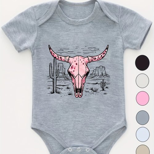 Western Cowgirl Baby Boy & Girl Bodysuit - Soft Cotton Short Sleeve Romper with Cactus, Cow Skull & Pink Cow Print - Newborn Outfit for Girls & Boys, Western-Themed Photo Shoots, Spring Summer Wear (Grey/Black/Navy/Pink), Perfect for Outdoor