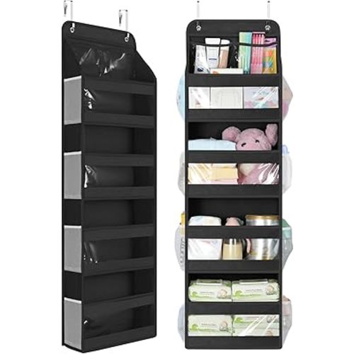 Yecaye 5 Tier 1Pc Over the Door Organizer, Swing-proof Door Organizer Hanging with Clear PVC Windows, Behind the Door Storage for Bedroom Nursery Closet Laundry Pantry Bathroom, Black